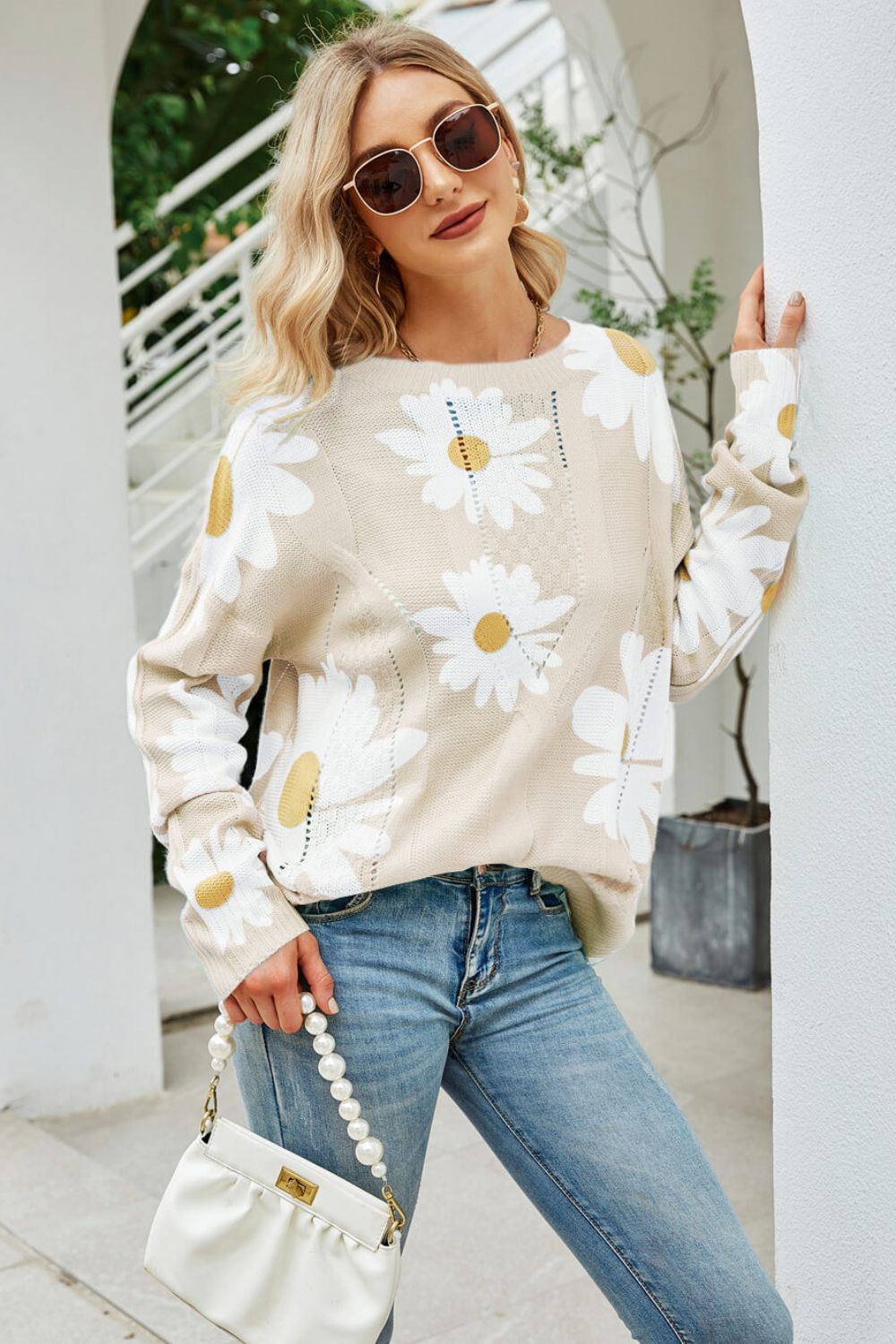 Daisy Print Openwork Round Neck Sweater - Loulou Boutique