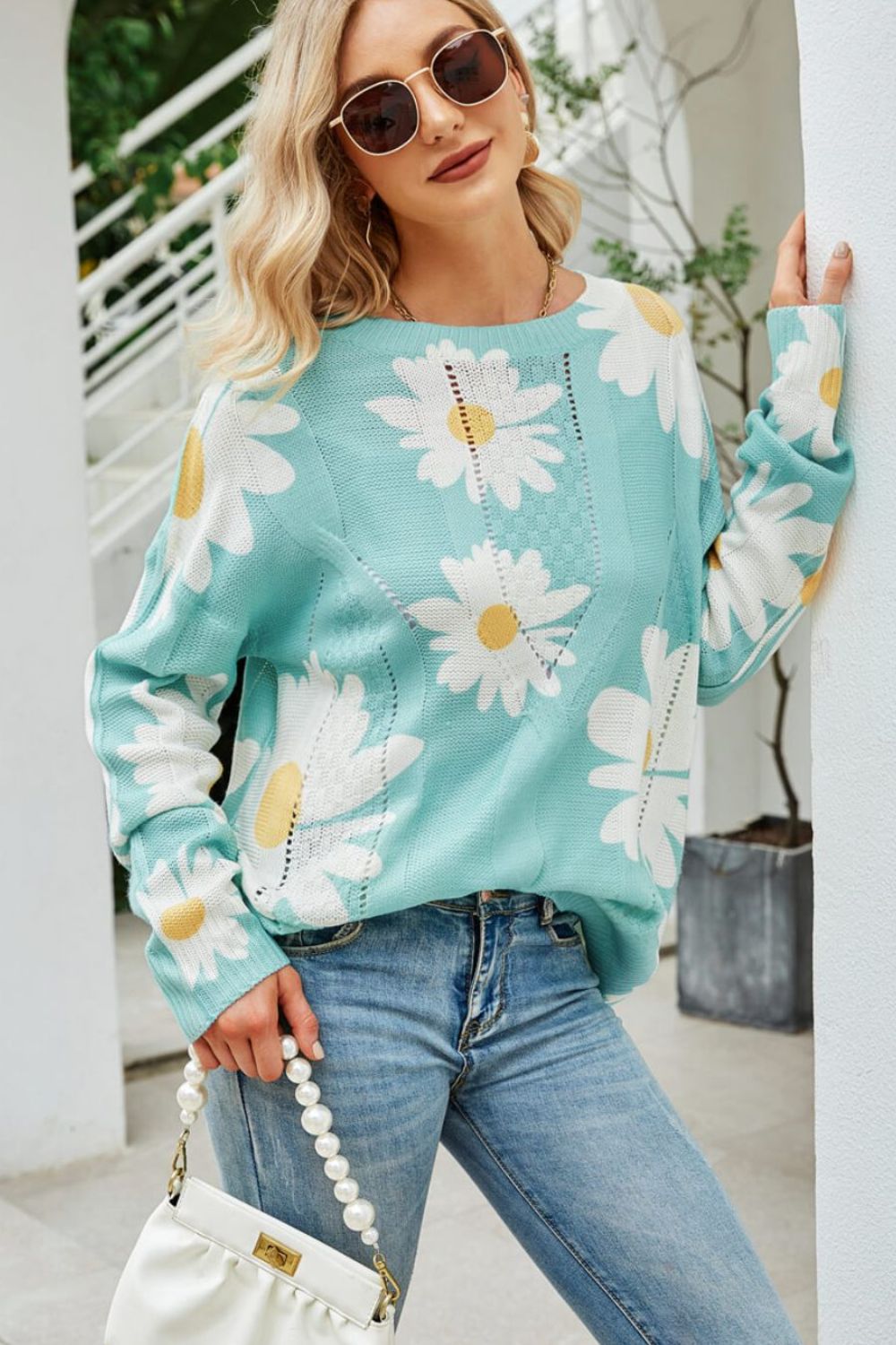 Daisy Print Openwork Round Neck Sweater - Loulou Boutique