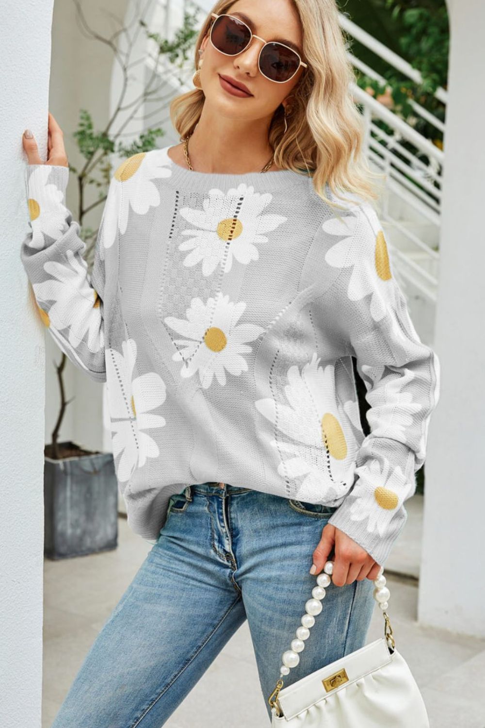 Daisy Print Openwork Round Neck Sweater - Loulou Boutique