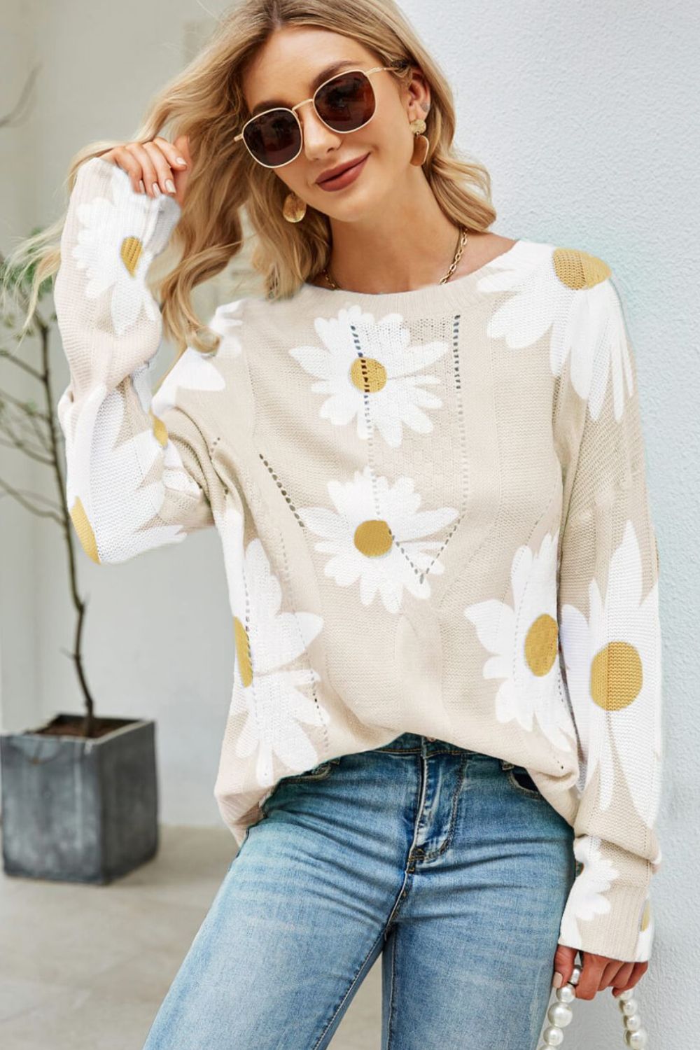 Daisy Print Openwork Round Neck Sweater - Loulou Boutique