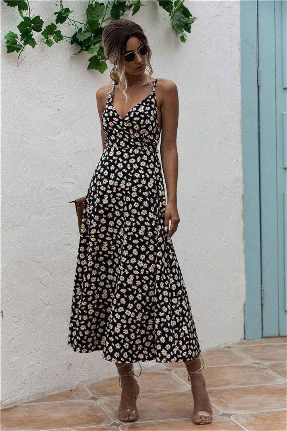 Daisy Print Surplice Midi Cami Dress - Loulou Boutique