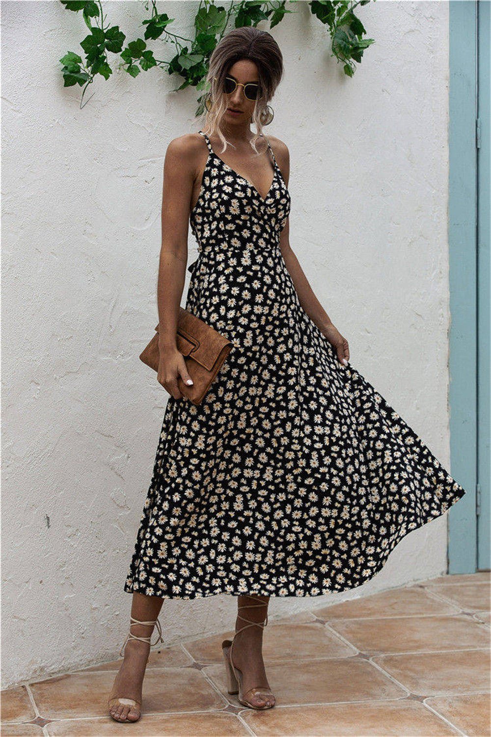 Daisy Print Surplice Midi Cami Dress - Loulou Boutique