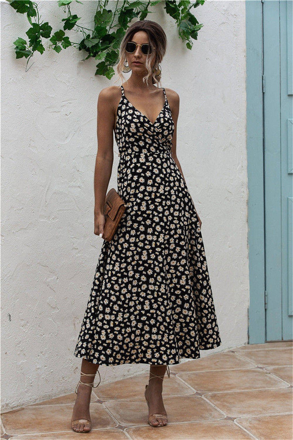Daisy Print Surplice Midi Cami Dress - Loulou Boutique