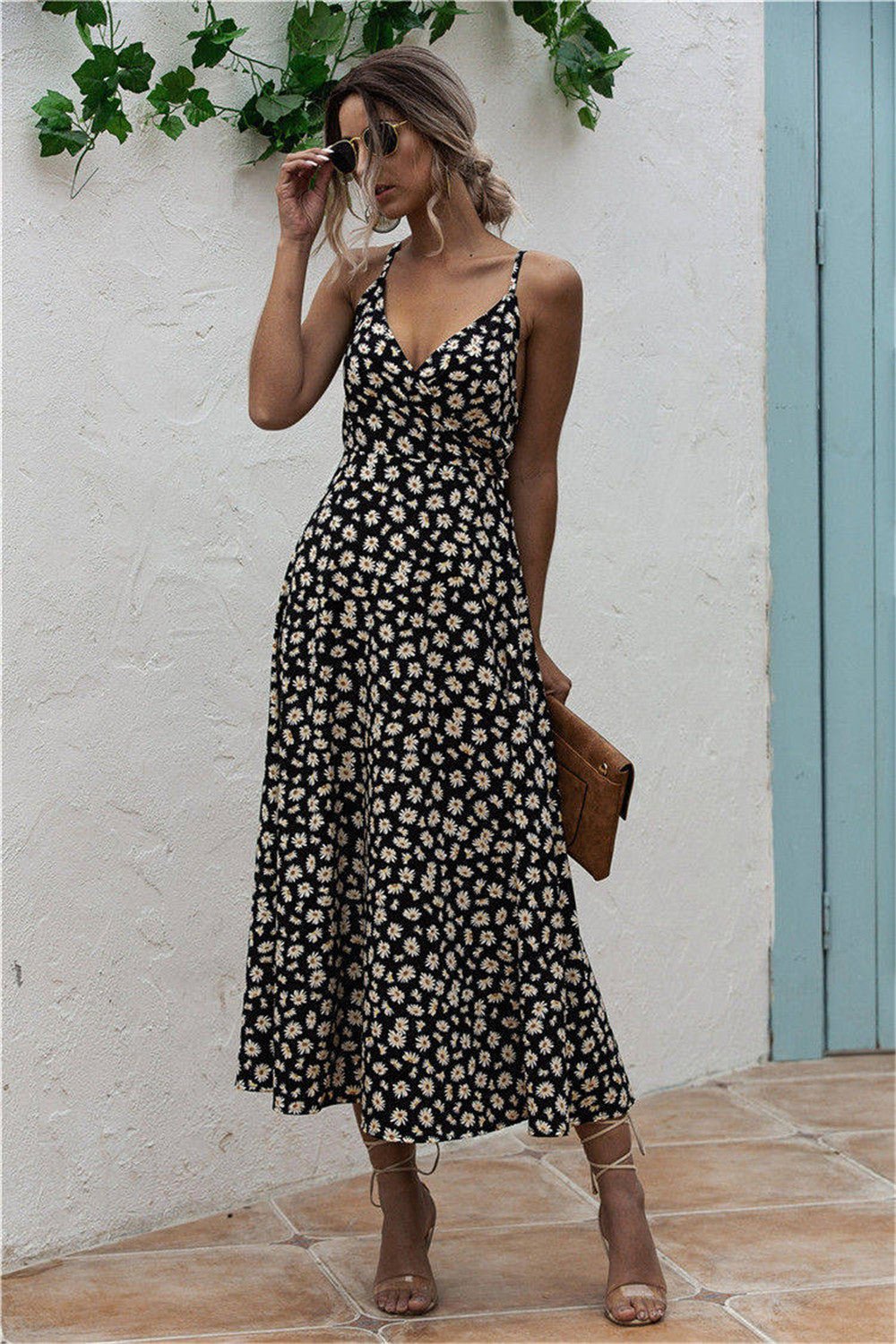 Daisy Print Surplice Midi Cami Dress - Loulou Boutique