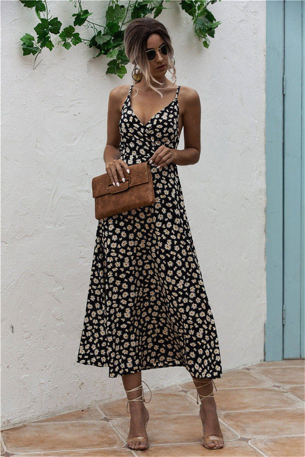 Daisy Print Surplice Midi Cami Dress - Loulou Boutique