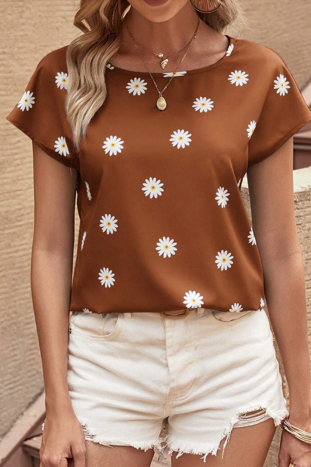 Daisy Printed Round Neck Short Sleeve Blouse - Loulou Boutique