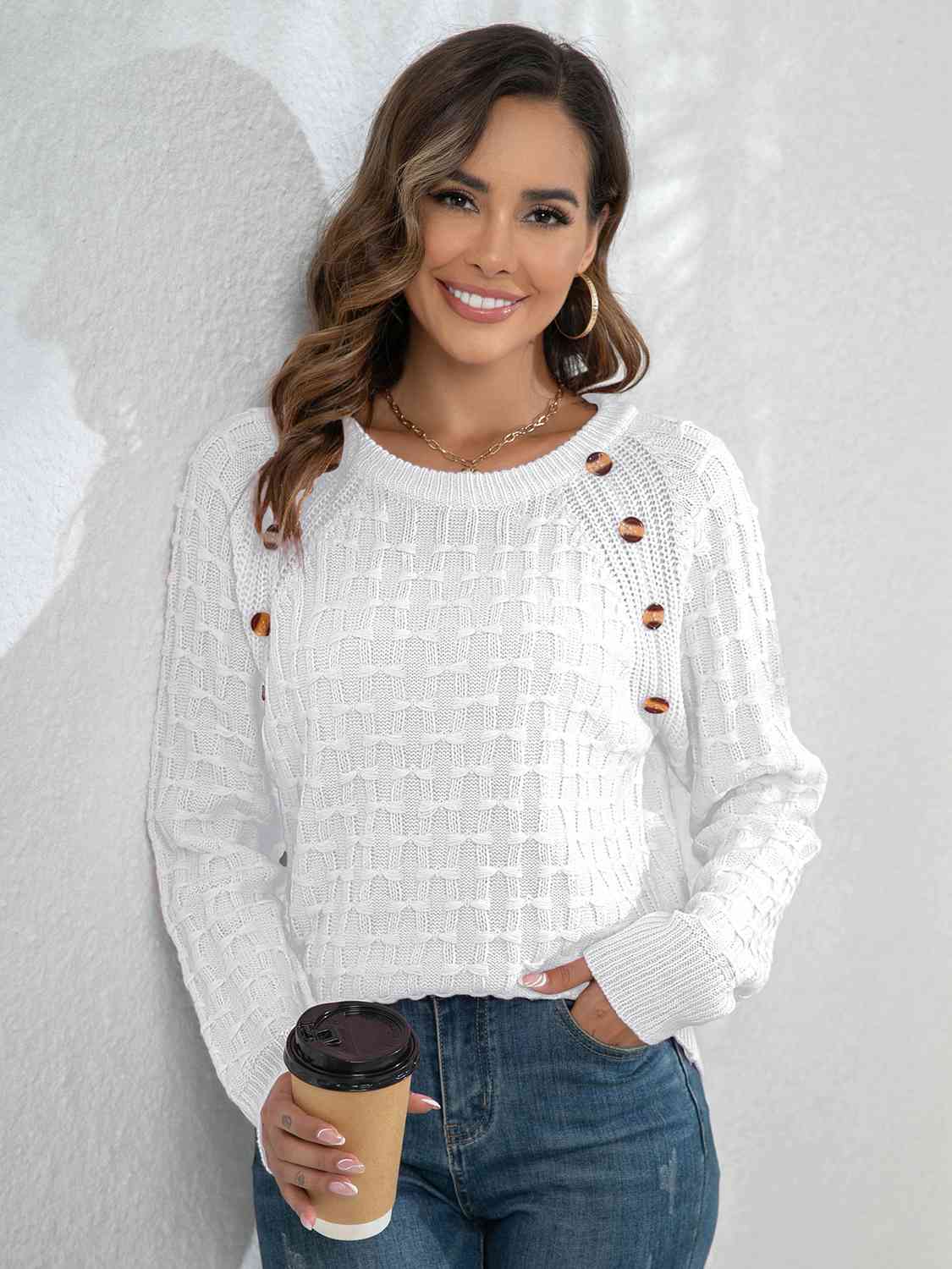 Decorative Button Long Sleeve Sweater - Loulou Boutique