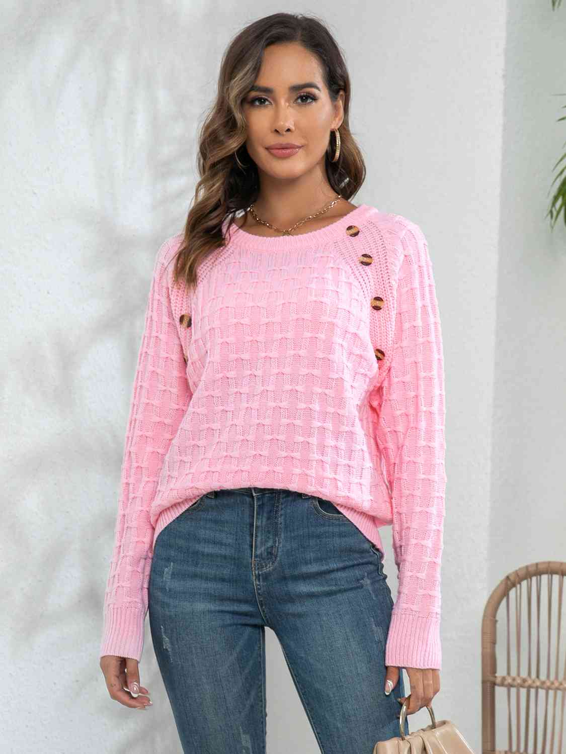 Decorative Button Long Sleeve Sweater - Loulou Boutique