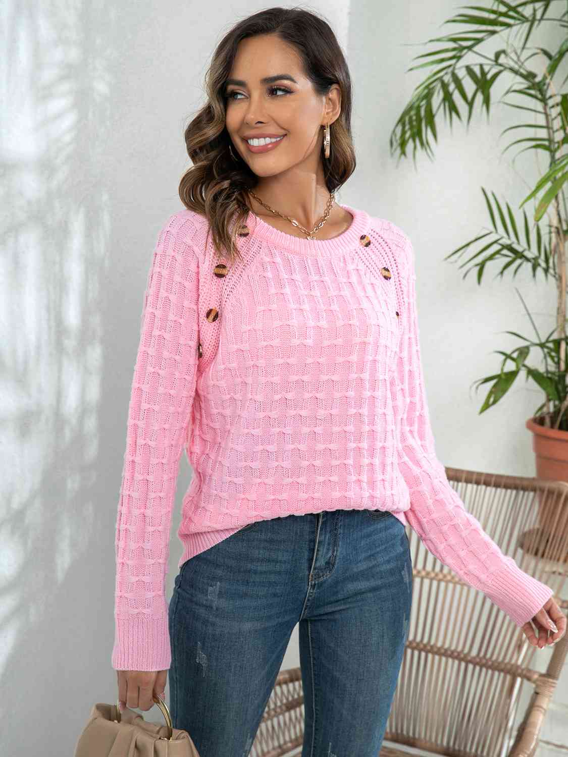 Decorative Button Long Sleeve Sweater - Loulou Boutique