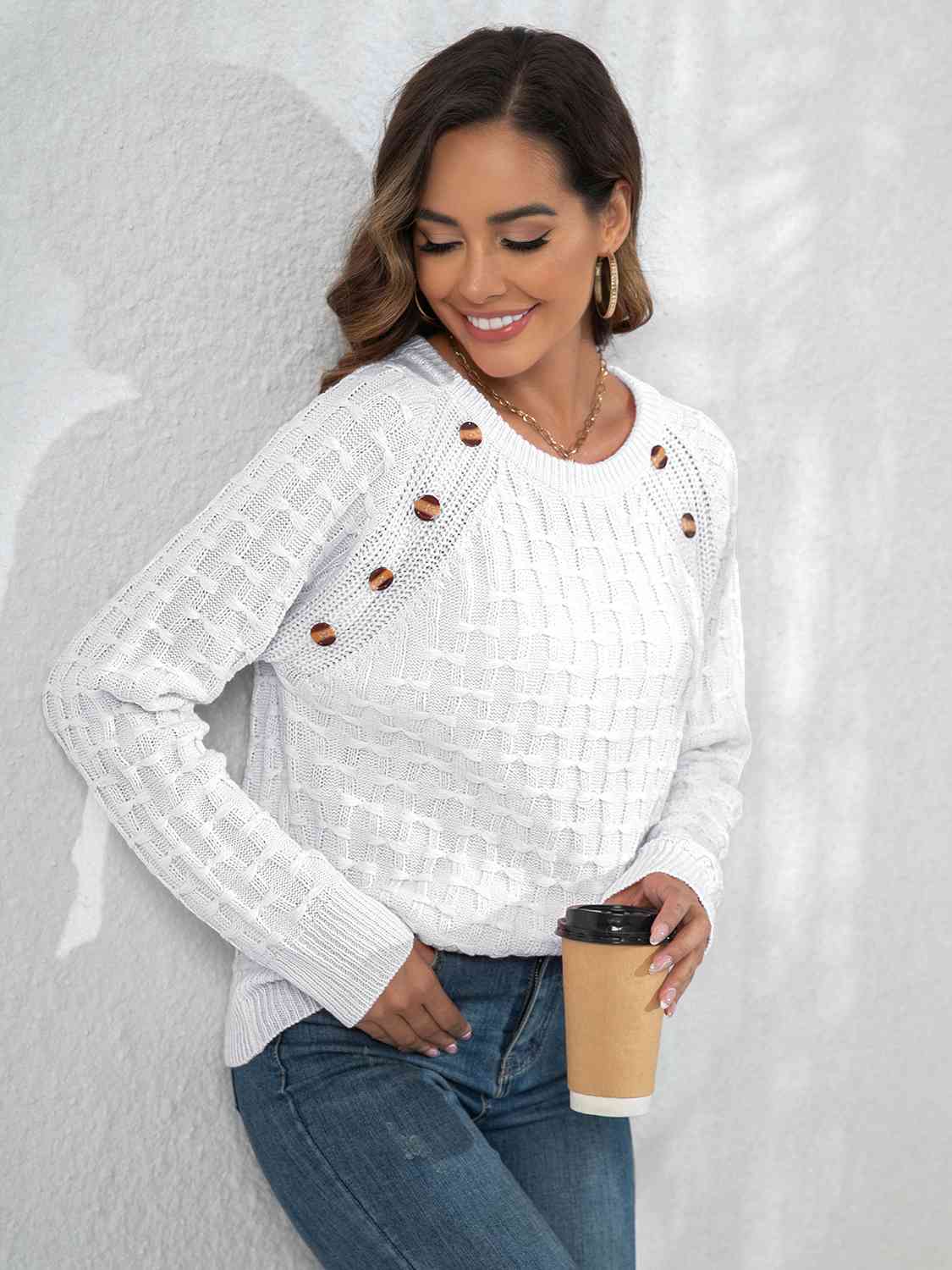 Decorative Button Long Sleeve Sweater - Loulou Boutique