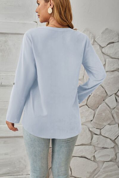 Decorative Button Notched Long Sleeve Blouse - Loulou Boutique