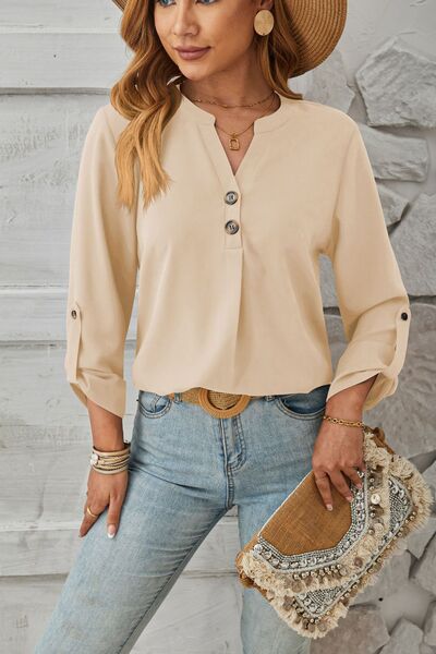 Decorative Button Notched Long Sleeve Blouse - Loulou Boutique