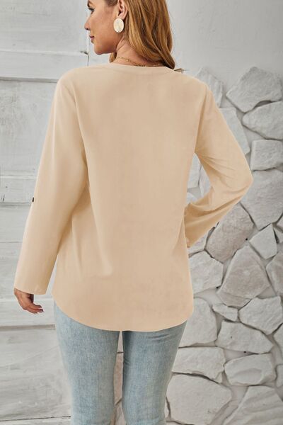 Decorative Button Notched Long Sleeve Blouse - Loulou Boutique
