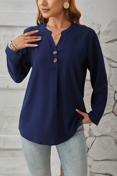 Decorative Button Notched Long Sleeve Blouse - Loulou Boutique