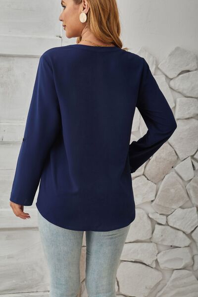 Decorative Button Notched Long Sleeve Blouse - Loulou Boutique
