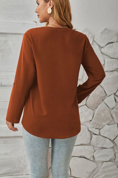 Decorative Button Notched Long Sleeve Blouse - Loulou Boutique