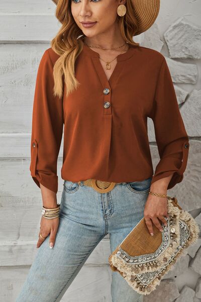 Decorative Button Notched Long Sleeve Blouse - Loulou Boutique