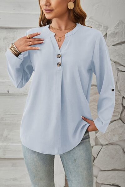 Decorative Button Notched Long Sleeve Blouse - Loulou Boutique