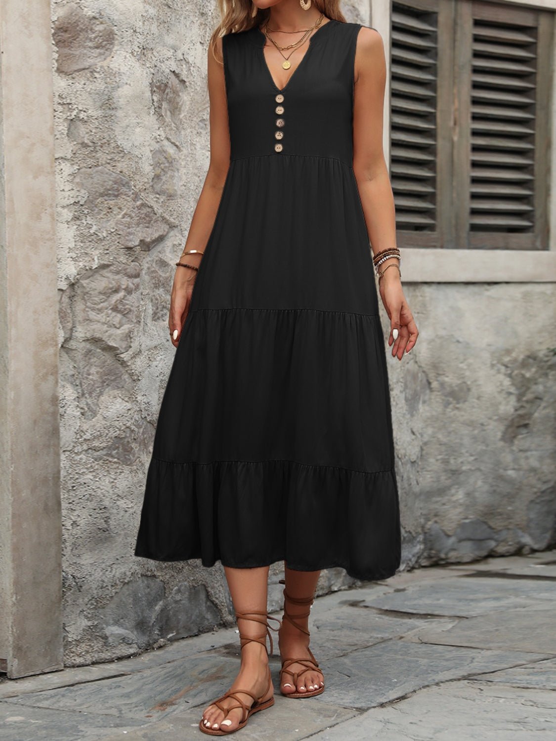Decorative Button Notched Sleeveless Dress - Loulou Boutique