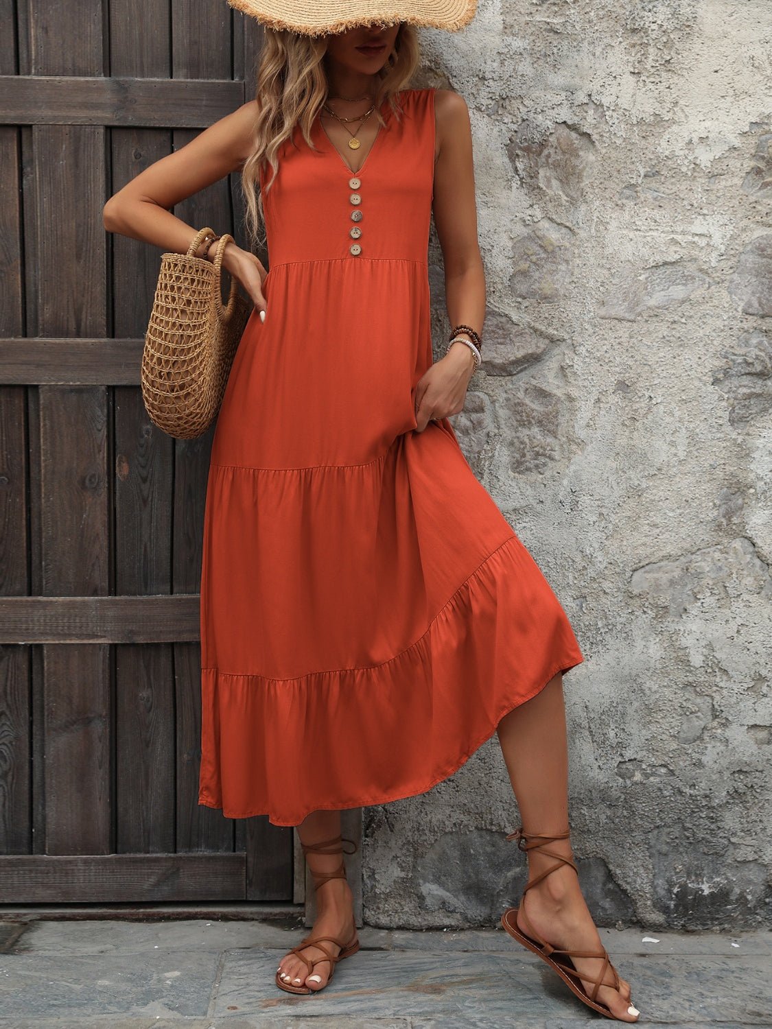 Decorative Button Notched Sleeveless Dress - Loulou Boutique
