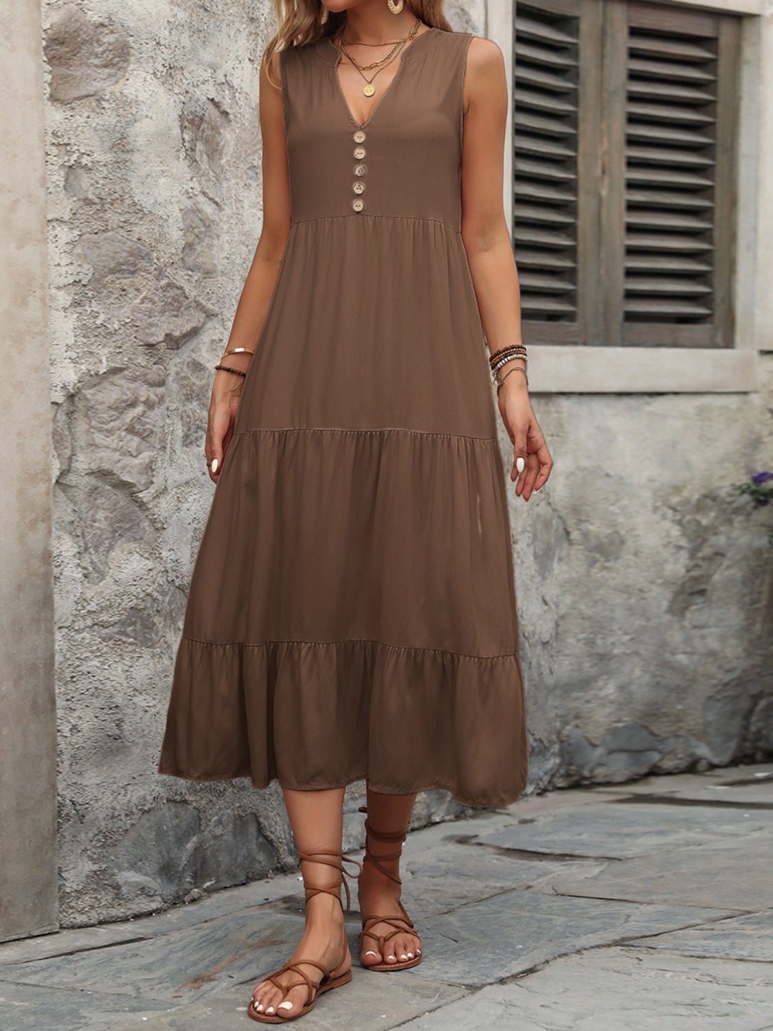 Decorative Button Notched Sleeveless Dress - Loulou Boutique