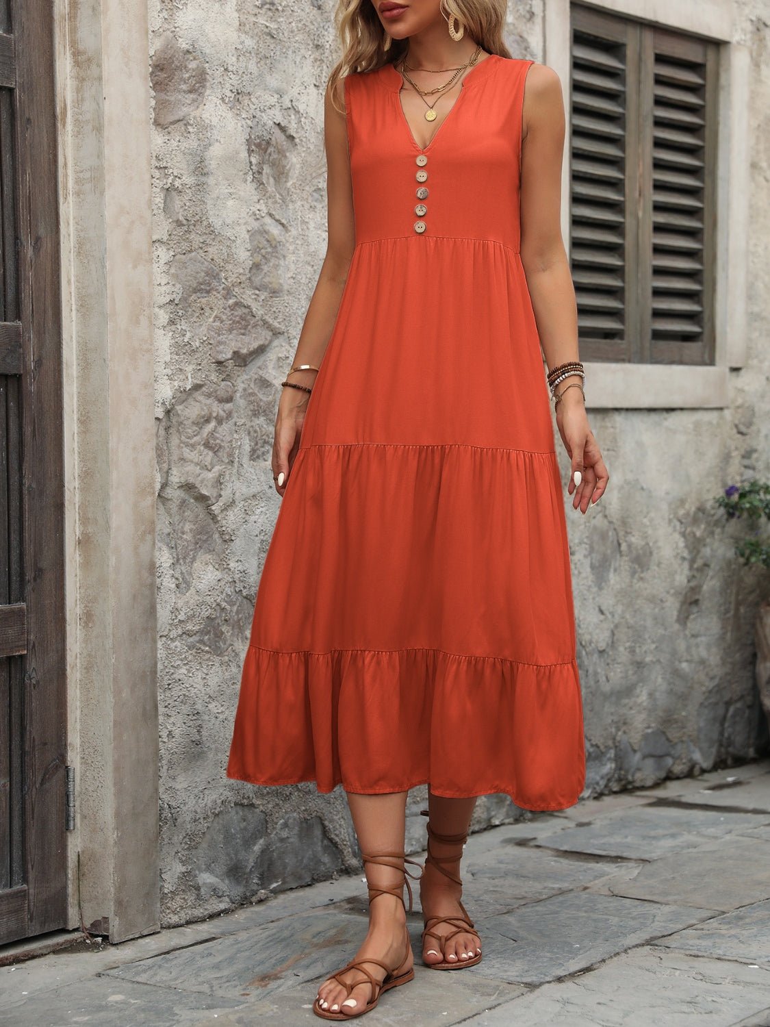 Decorative Button Notched Sleeveless Dress - Loulou Boutique