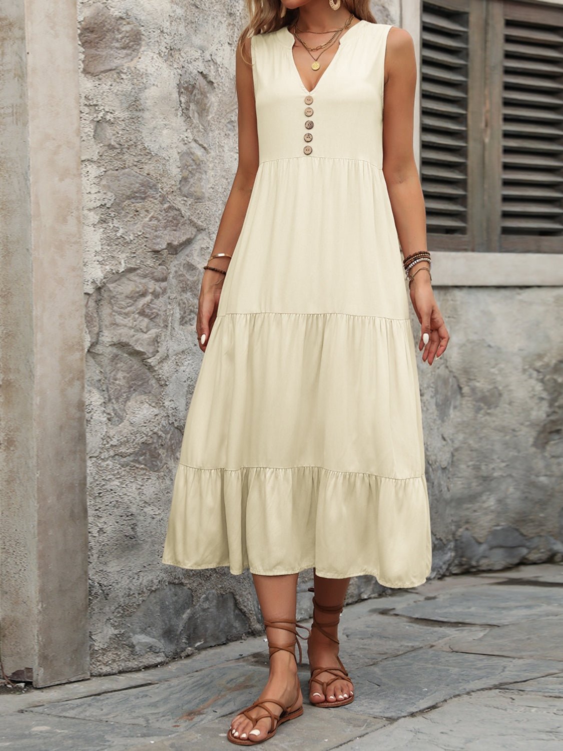 Decorative Button Notched Sleeveless Dress - Loulou Boutique
