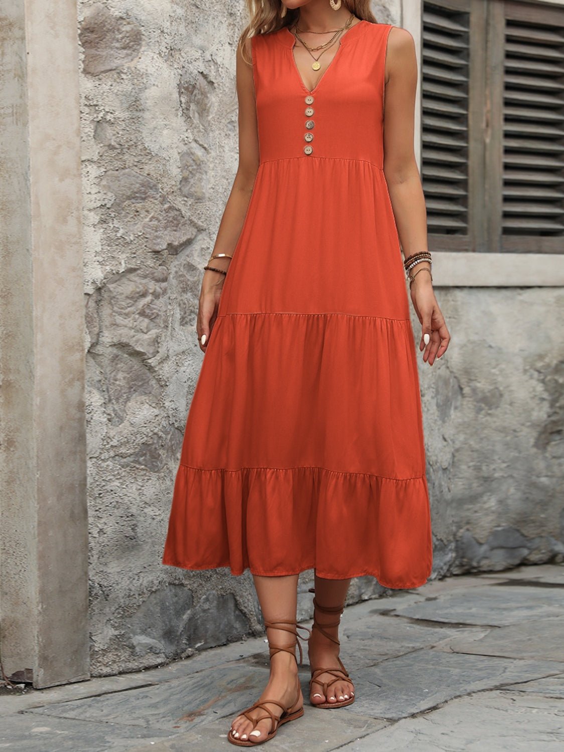 Decorative Button Notched Sleeveless Dress - Loulou Boutique