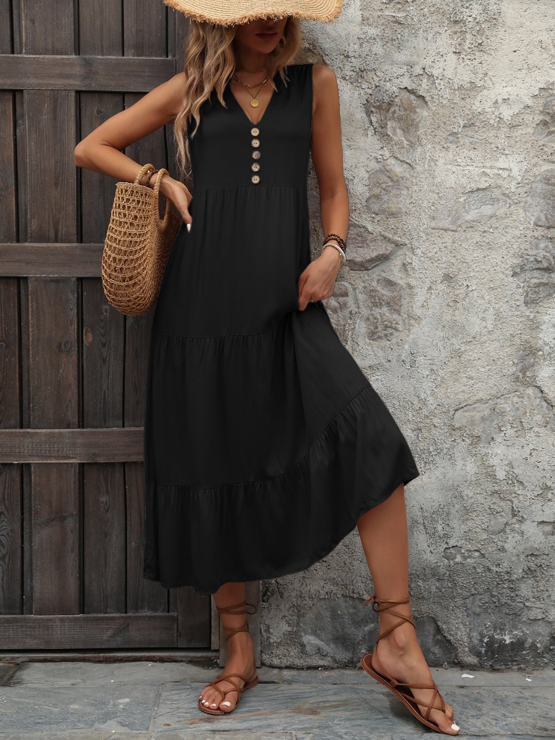 Decorative Button Notched Sleeveless Dress - Loulou Boutique