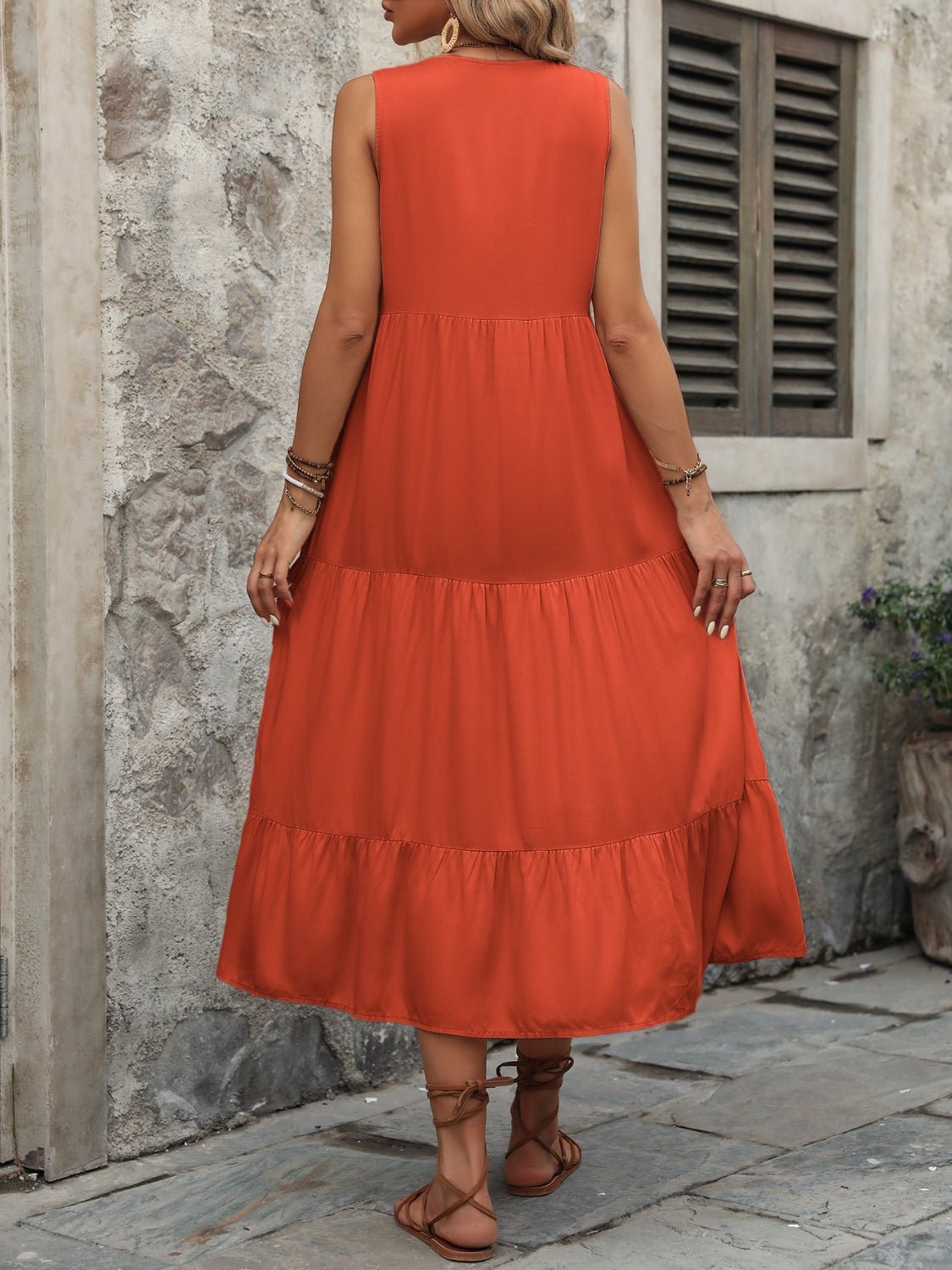 Decorative Button Notched Sleeveless Dress - Loulou Boutique