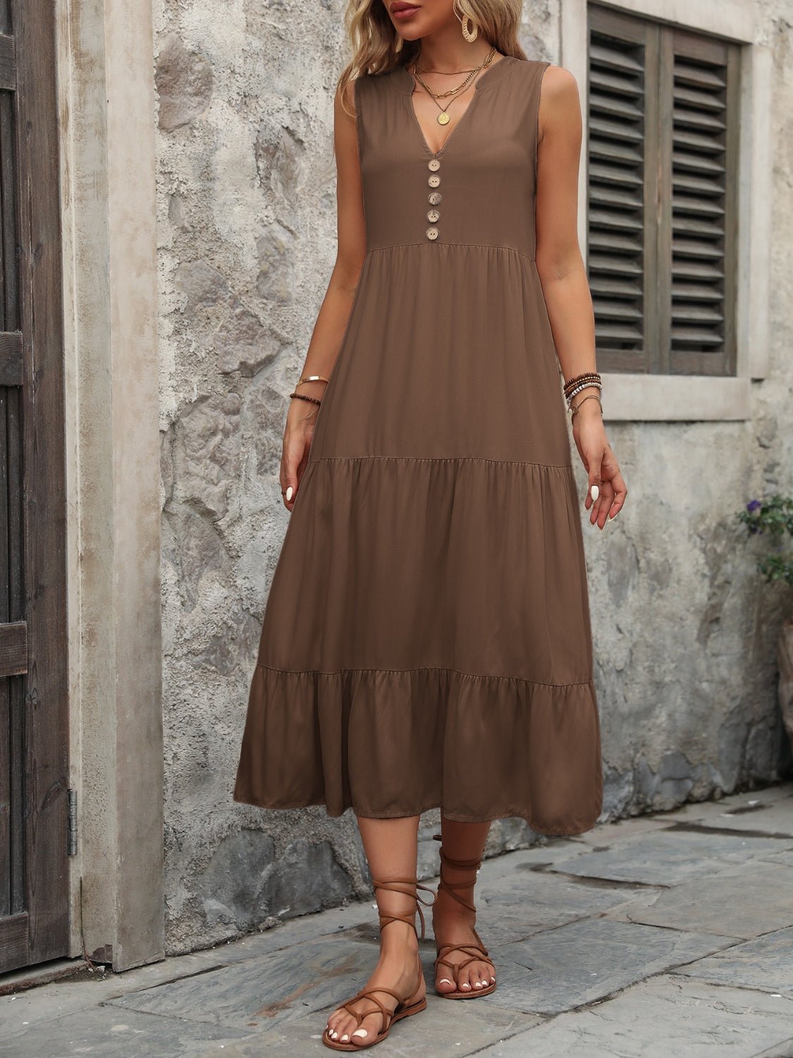 Decorative Button Notched Sleeveless Dress - Loulou Boutique