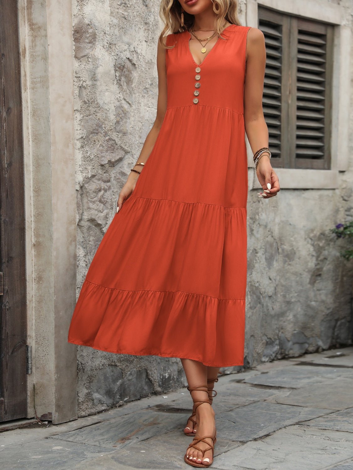 Decorative Button Notched Sleeveless Dress - Loulou Boutique