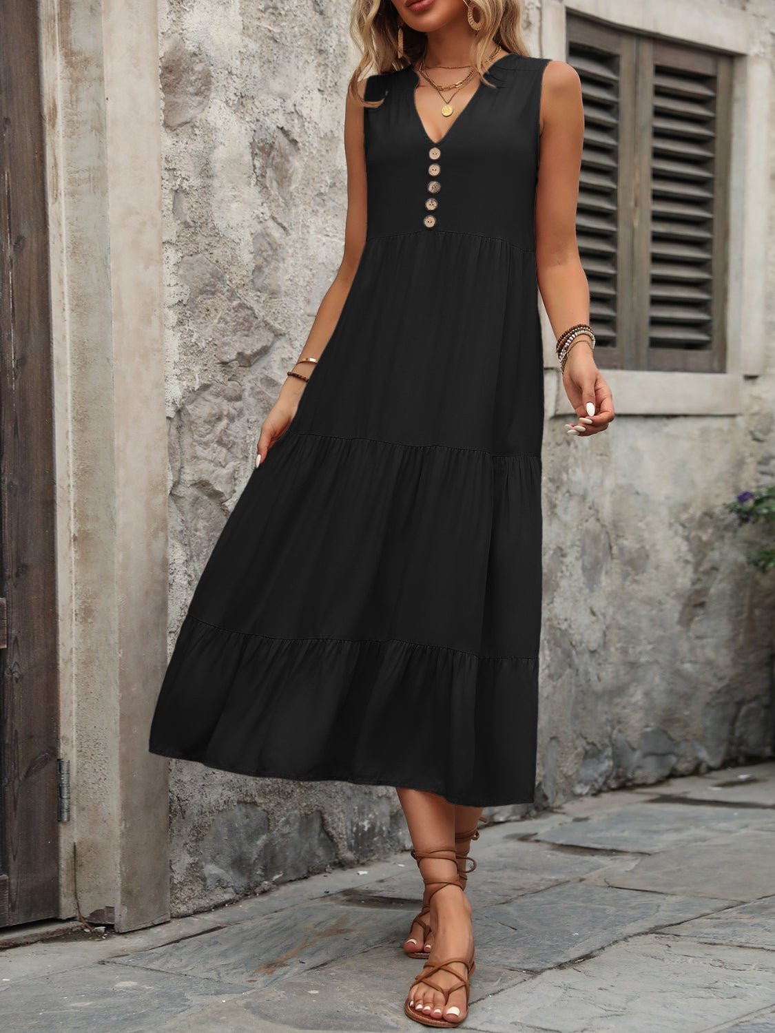 Decorative Button Notched Sleeveless Dress - Loulou Boutique