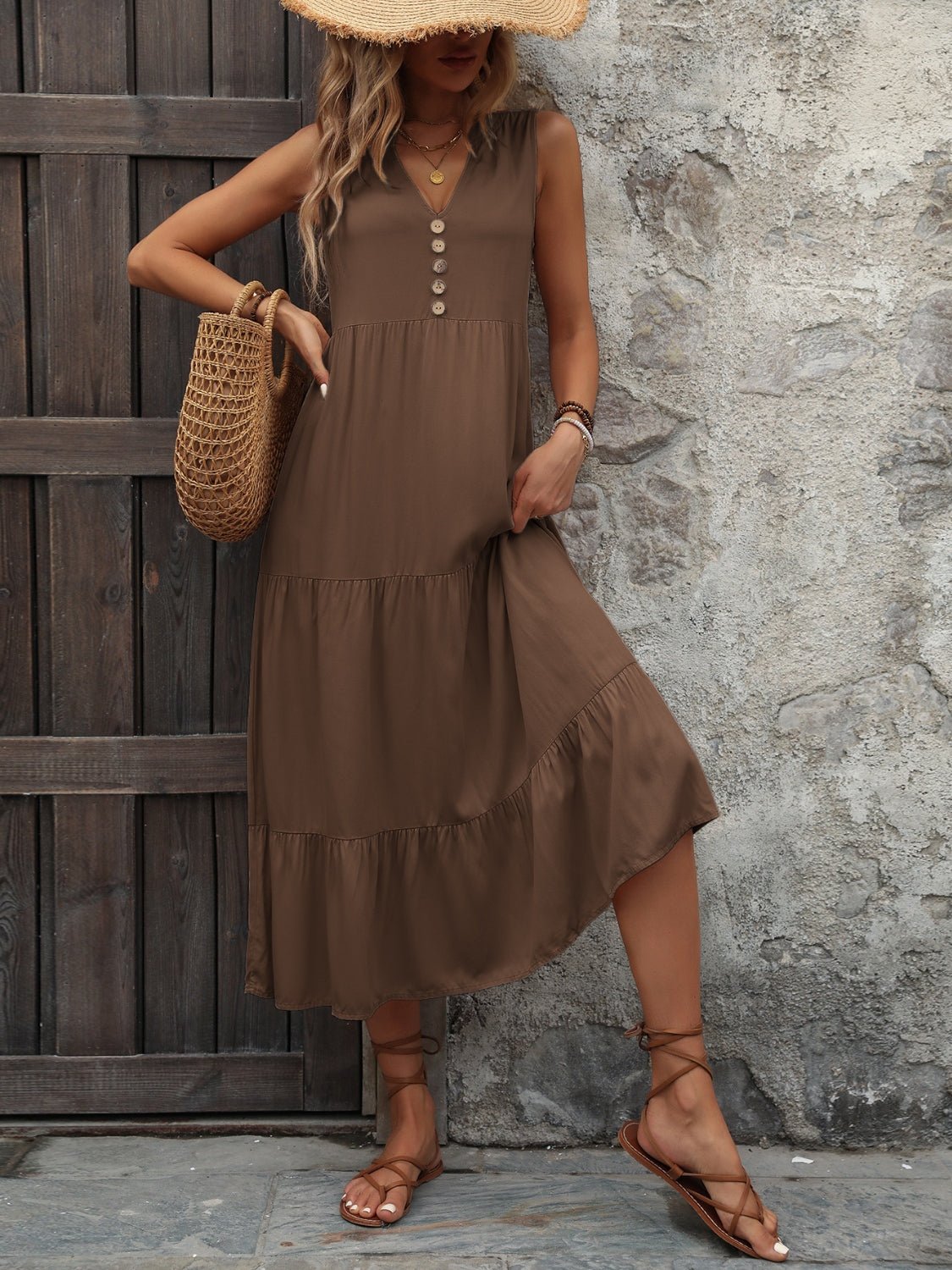 Decorative Button Notched Sleeveless Dress - Loulou Boutique