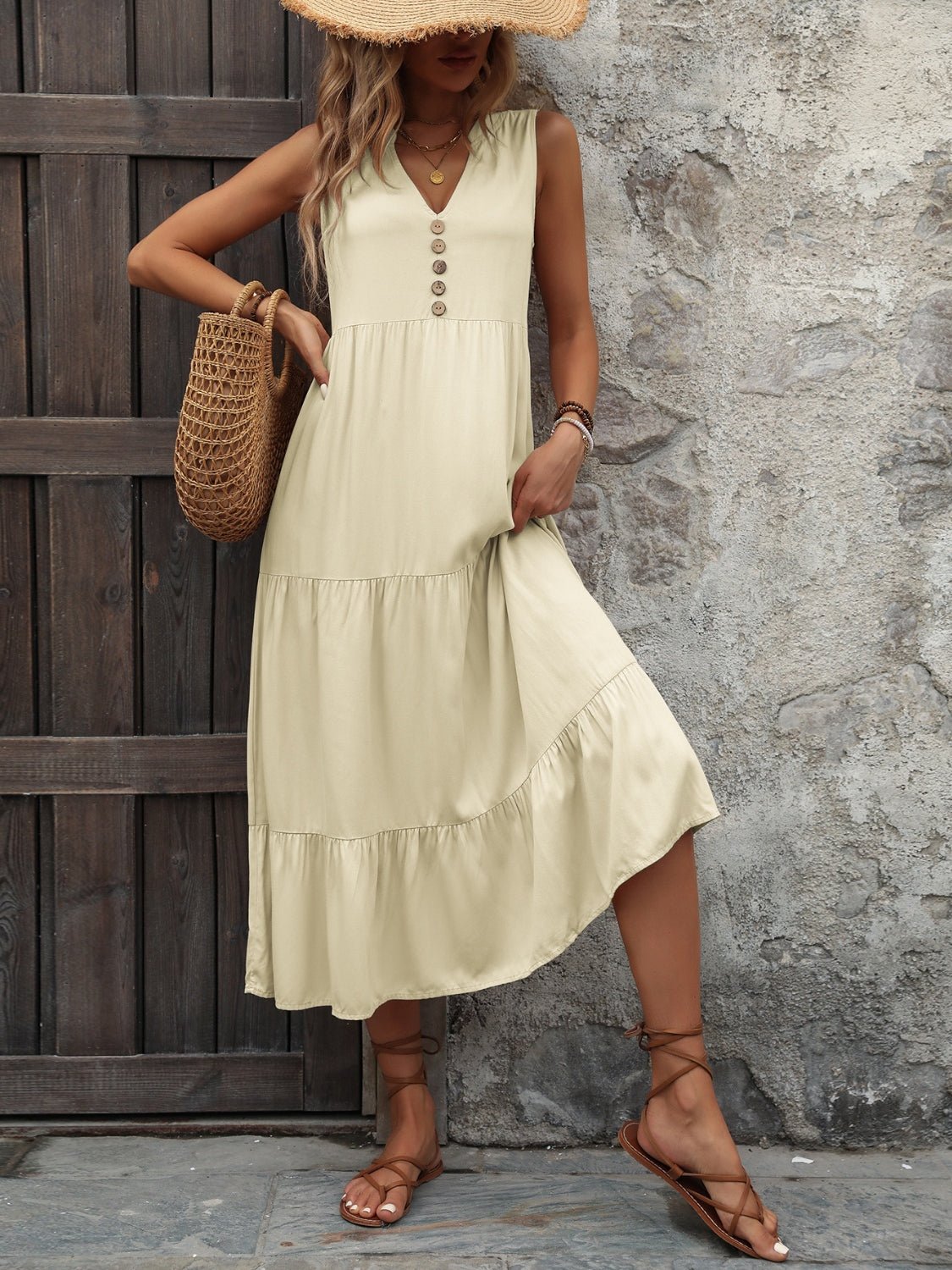 Decorative Button Notched Sleeveless Dress - Loulou Boutique