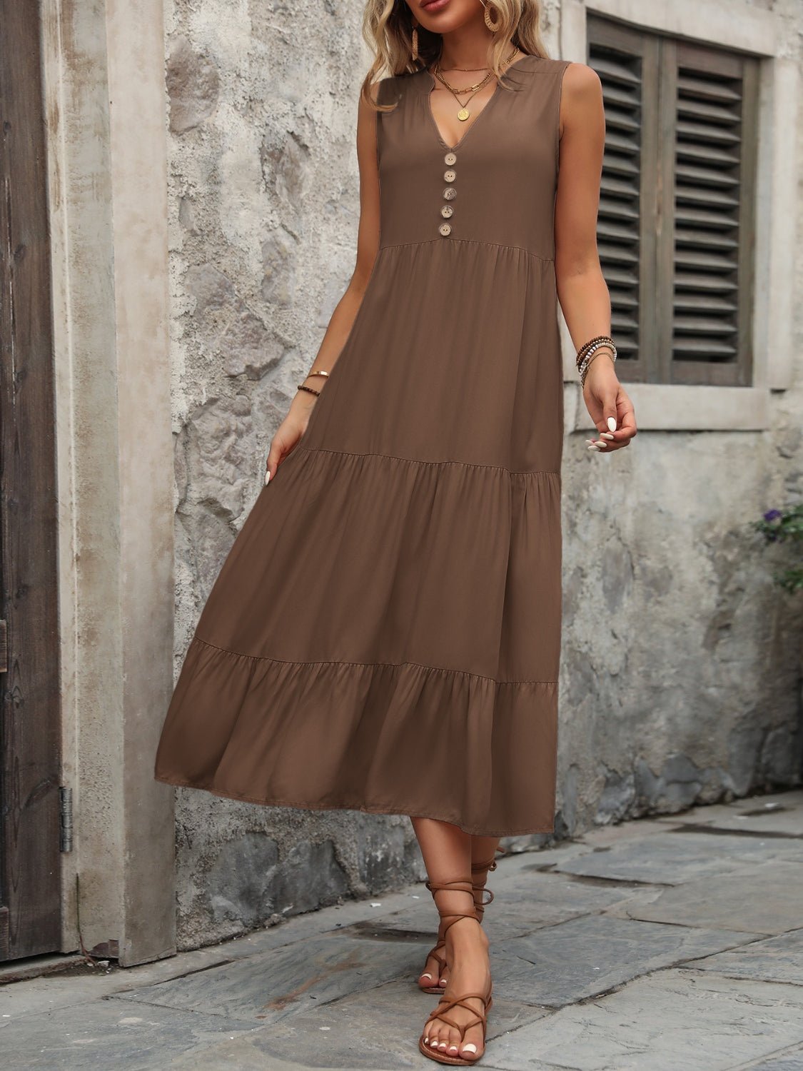 Decorative Button Notched Sleeveless Dress - Loulou Boutique