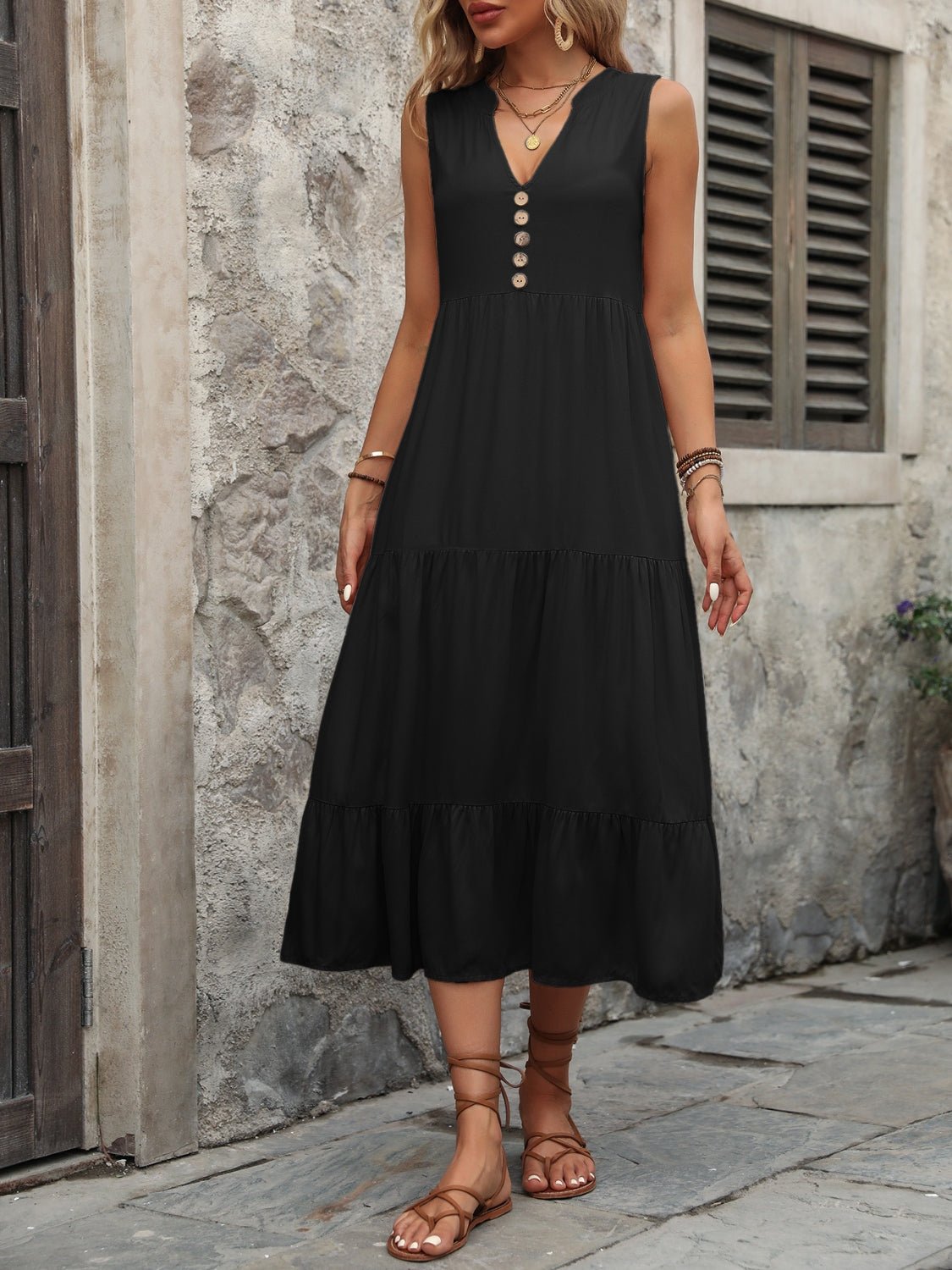 Decorative Button Notched Sleeveless Dress - Loulou Boutique