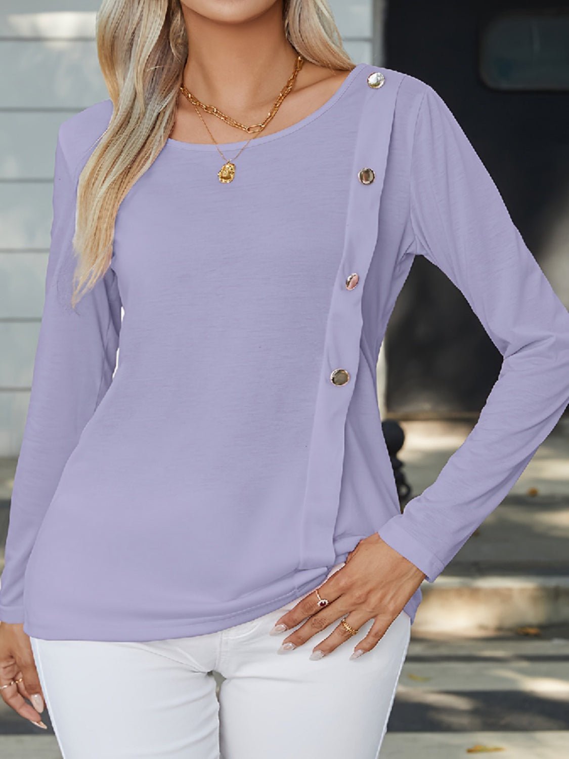 Decorative Button Round Neck Long Sleeve T - Shirt - Loulou Boutique