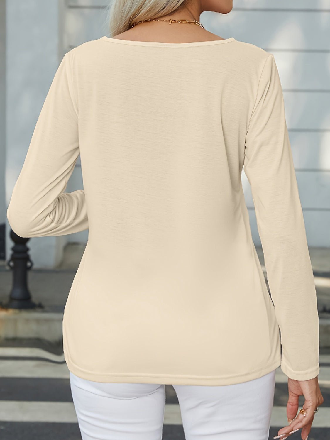 Decorative Button Round Neck Long Sleeve T - Shirt - Loulou Boutique