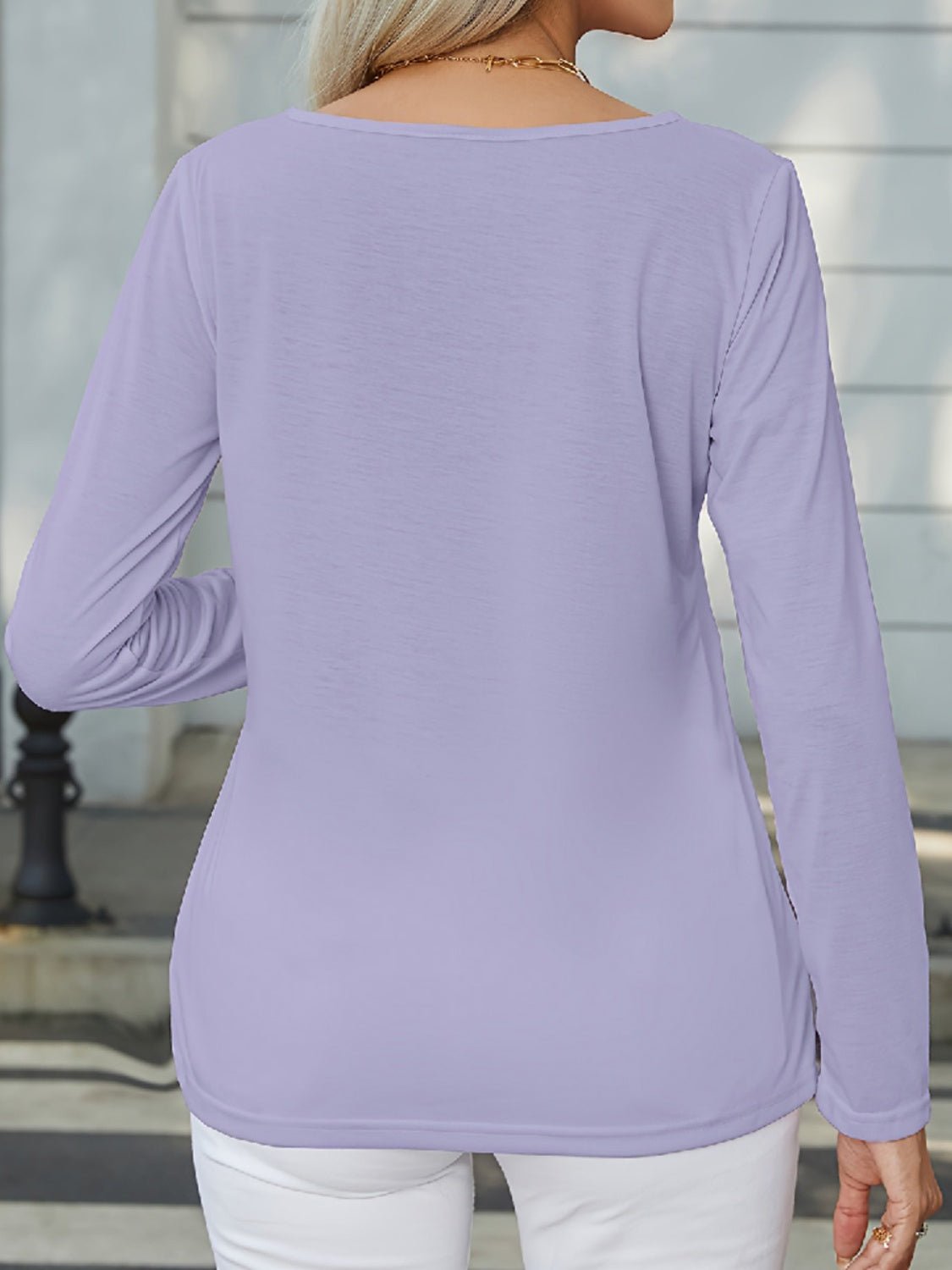 Decorative Button Round Neck Long Sleeve T - Shirt - Loulou Boutique