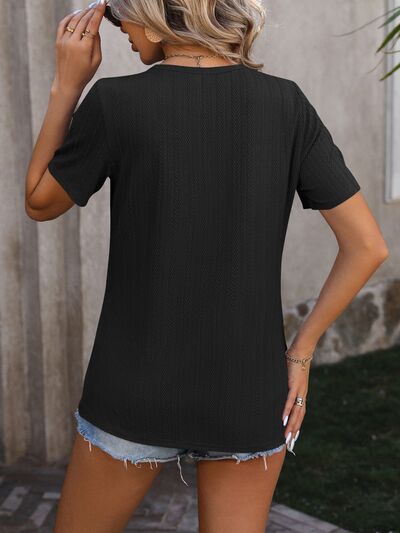 Decorative Button Round Neck Short Sleeve Blouse - Loulou Boutique