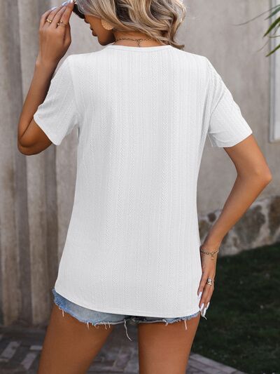 Decorative Button Round Neck Short Sleeve Blouse - Loulou Boutique