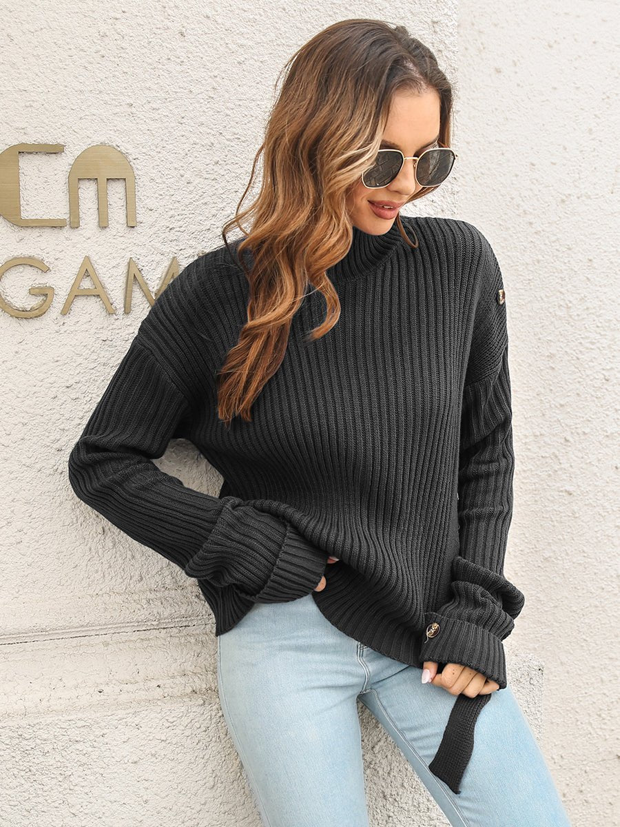 Decorative Button Slit Sweater - Loulou Boutique
