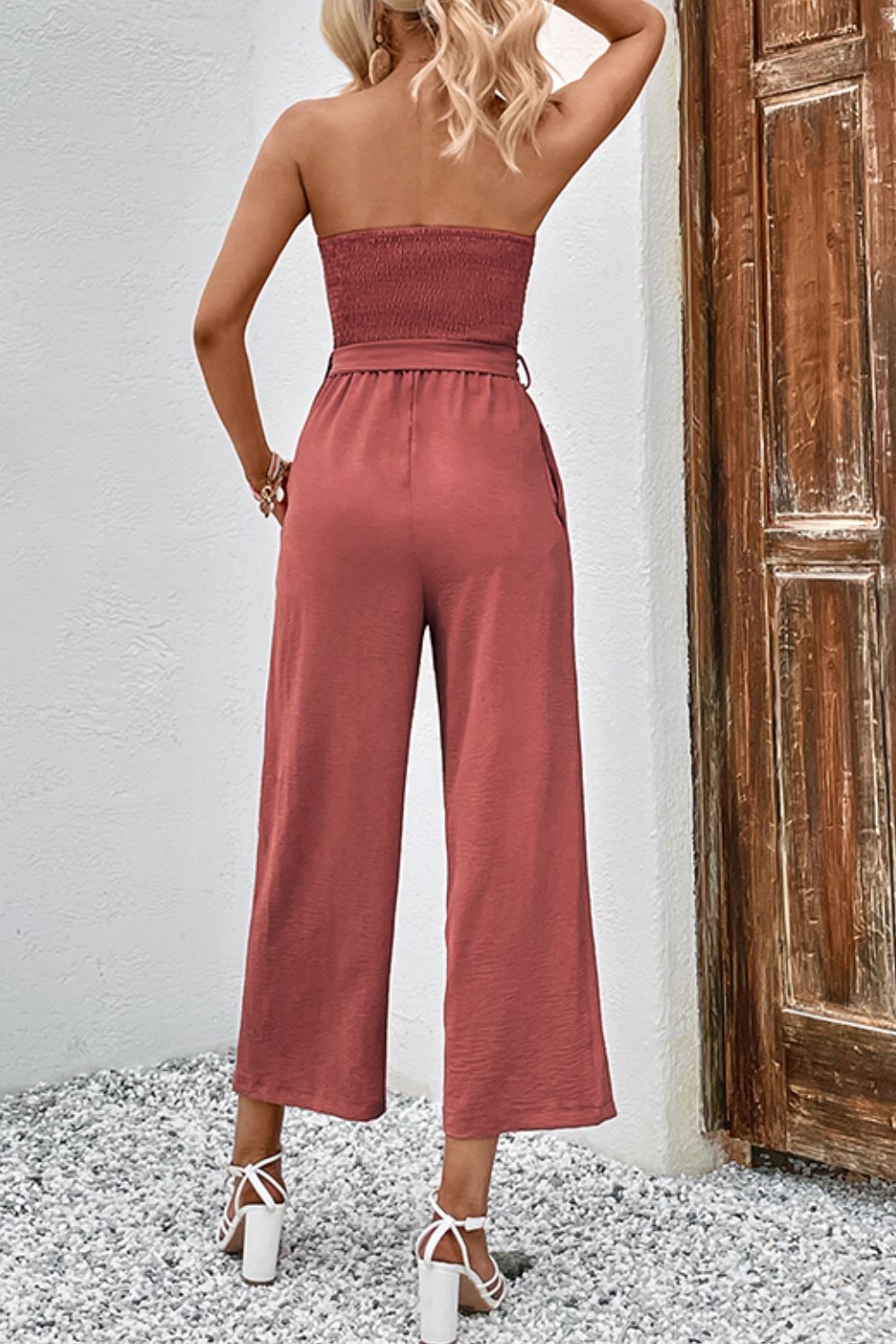 Decorative Button Strapless Smocked Jumpsuit with Pockets - Loulou Boutique
