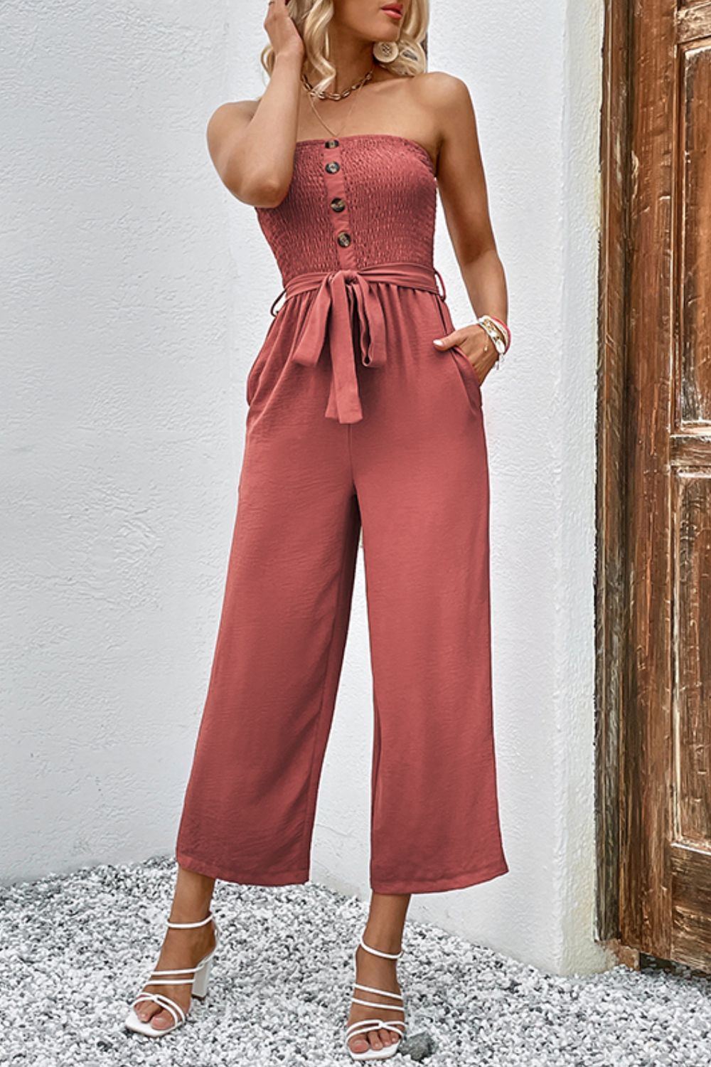 Decorative Button Strapless Smocked Jumpsuit with Pockets - Loulou Boutique