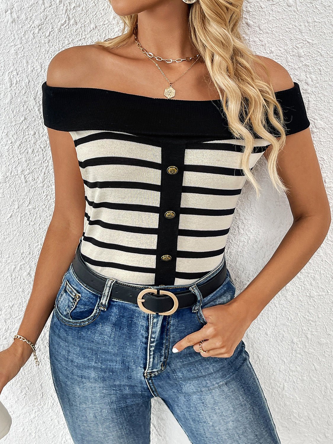 Decorative Button Striped Off - Shoulder Knit Top - Loulou Boutique