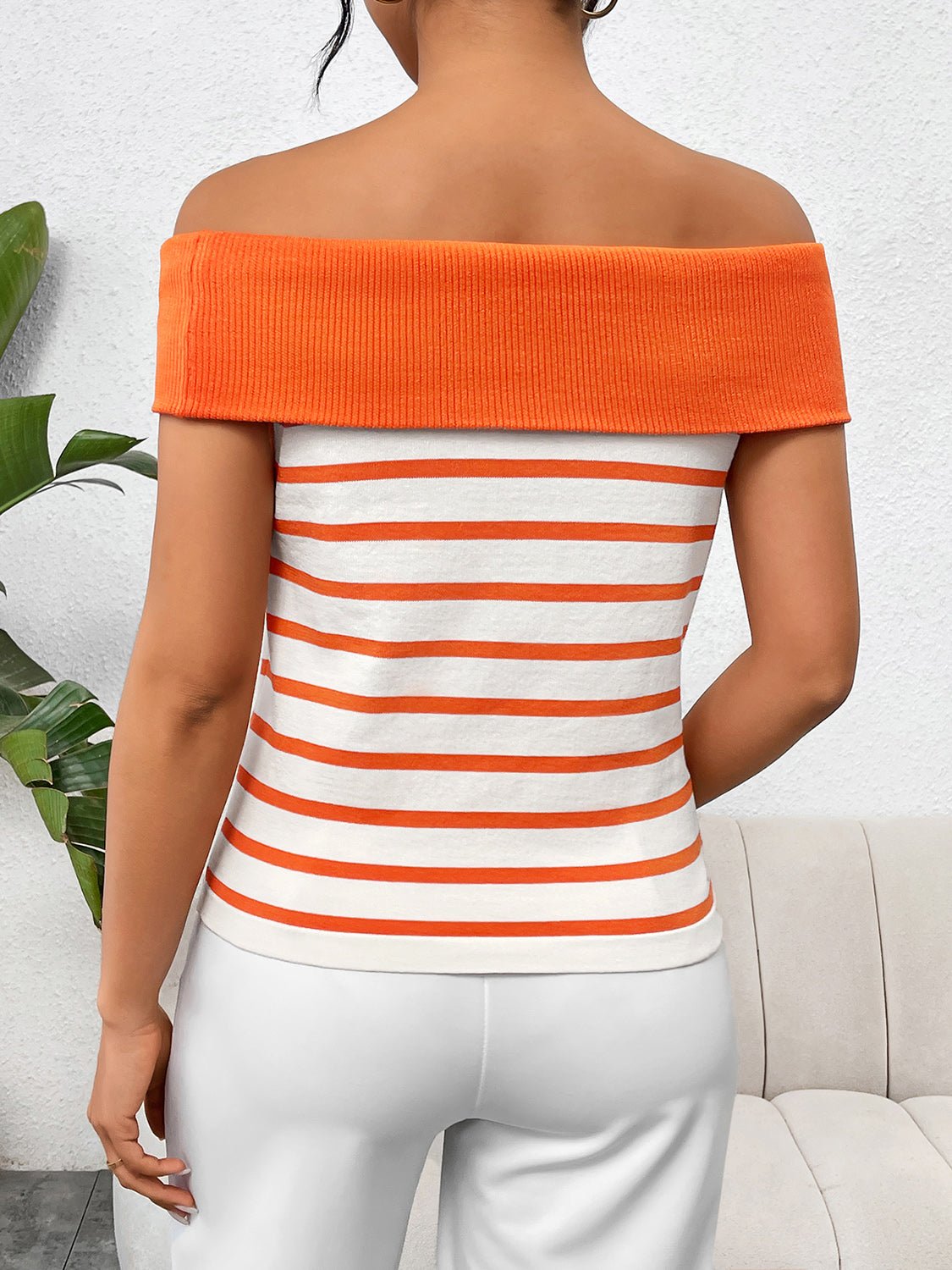 Decorative Button Striped Off - Shoulder Knit Top - Loulou Boutique