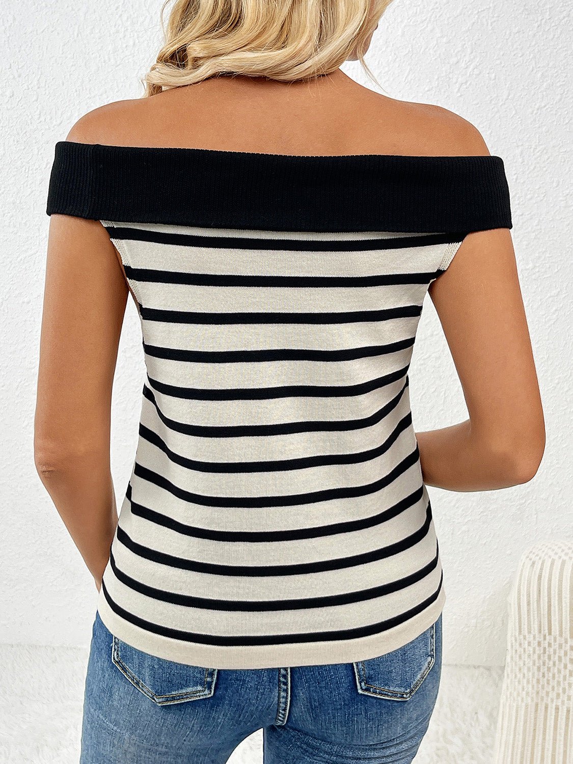 Decorative Button Striped Off - Shoulder Knit Top - Loulou Boutique