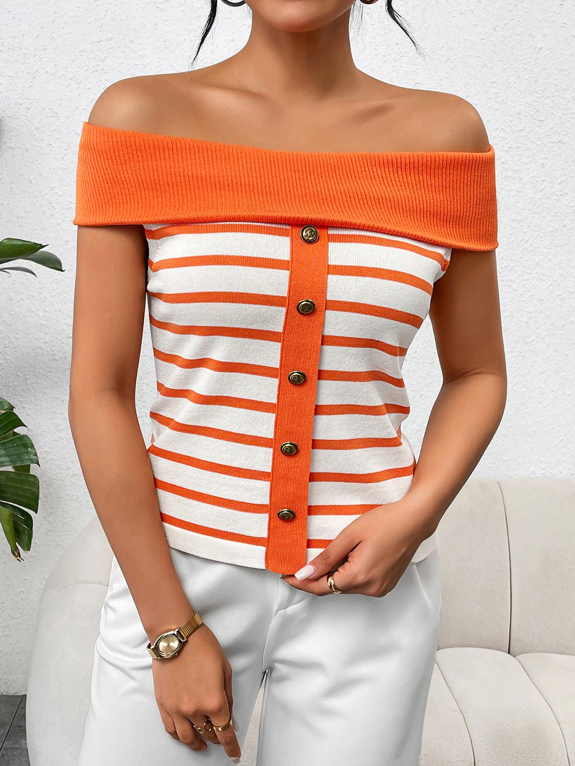 Decorative Button Striped Off - Shoulder Knit Top - Loulou Boutique