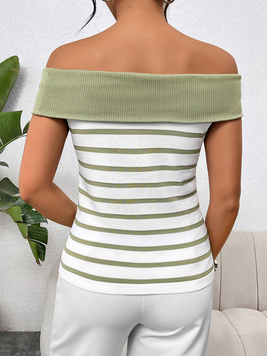 Decorative Button Striped Off - Shoulder Knit Top - Loulou Boutique